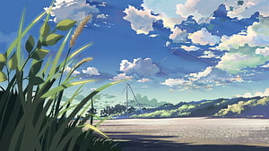 Serene Countryside Landscape with Tall Grass and Blue Sky in Anime Style HD wallpaper