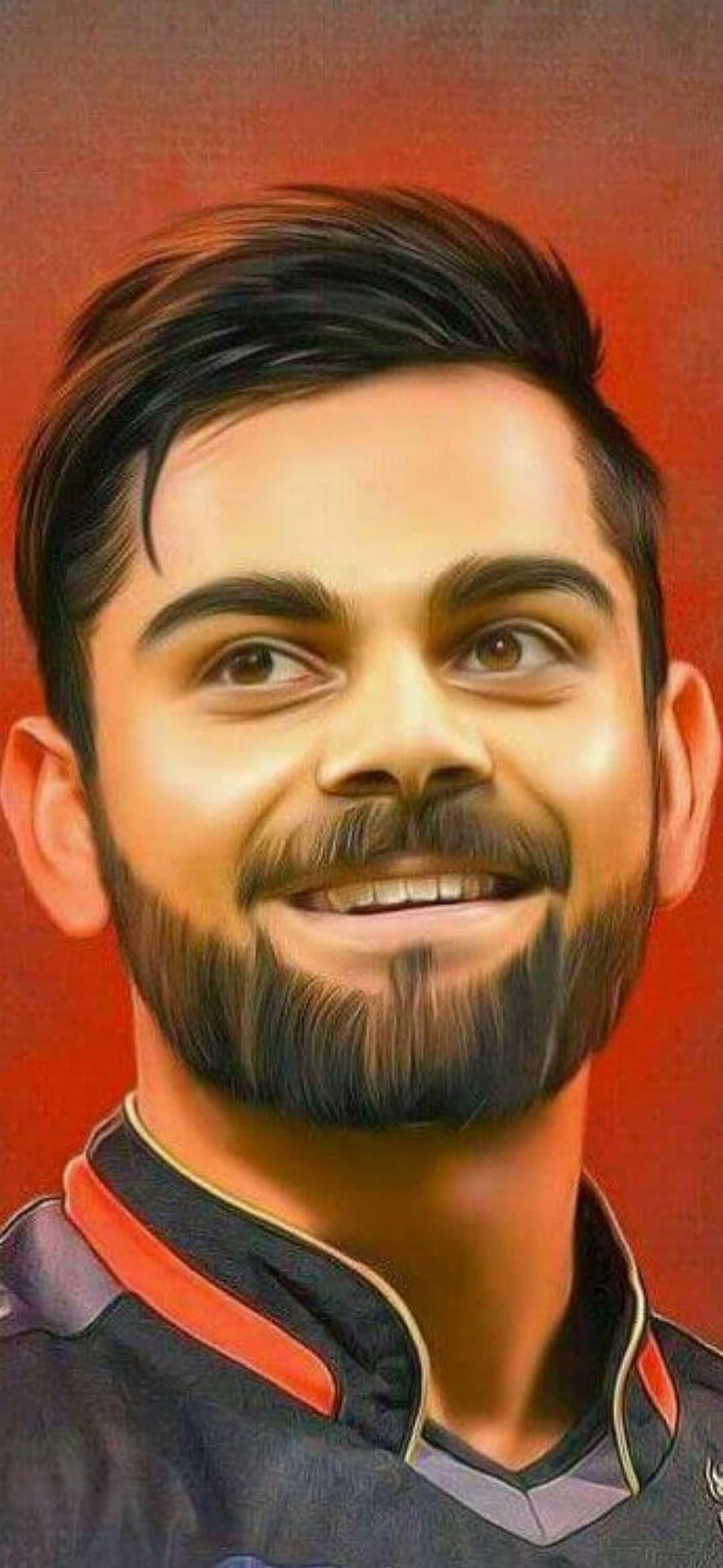 Virat Kohli Smiling Portrait in Cricket Jersey Against Red Background HD phone wallpaper