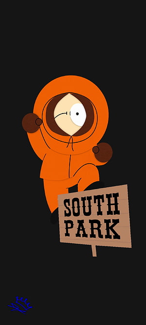 South Park Kenny in Orange Parka Holding Sign on Black Background HD phone wallpaper