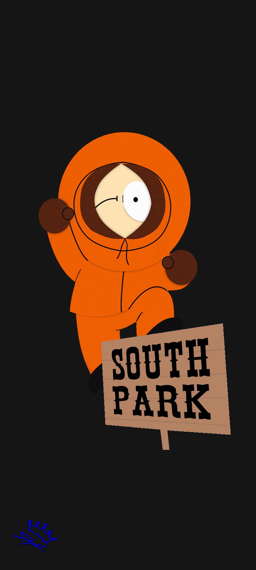 South Park Kenny in Orange Parka Holding Sign on Black Background HD phone wallpaper