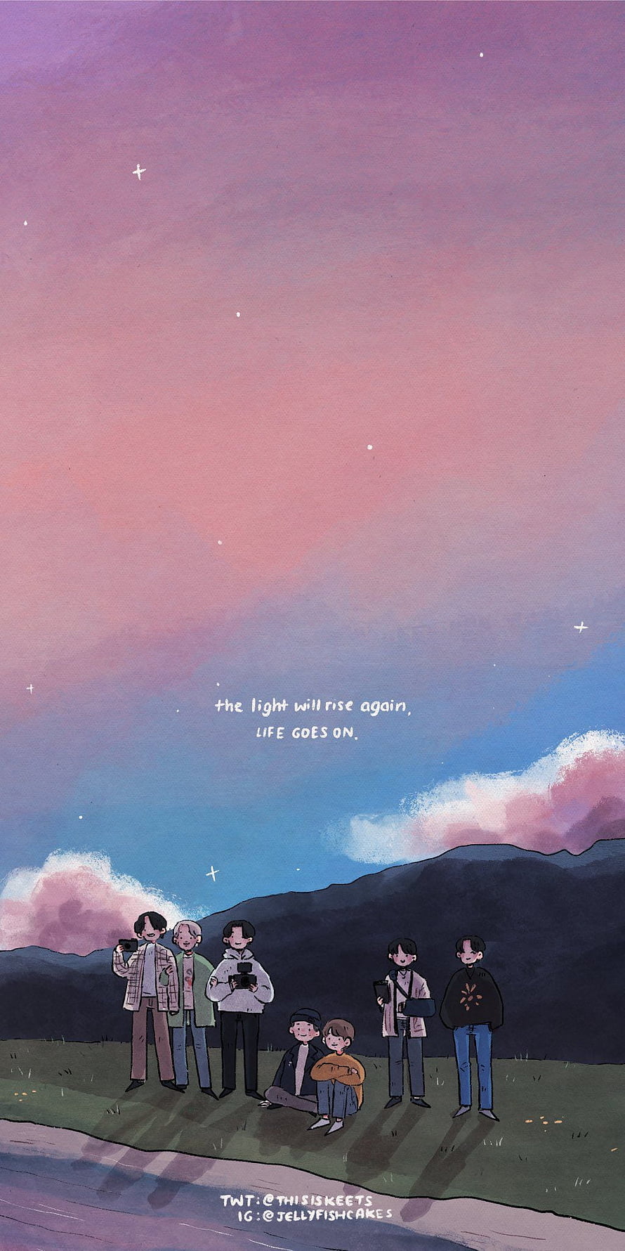 BTS Life Goes On Fanart Illustration of Seven Members Under a Starry Twilight Sky HD phone wallpaper