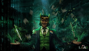 Loki in Green Suit with Horned Helmet and Floating Daggers in Dark Fantasy Setting HD wallpaper