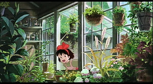 Kiki's Delivery Service: Kiki Peeking Through a Lush Greenhouse Window HD wallpaper