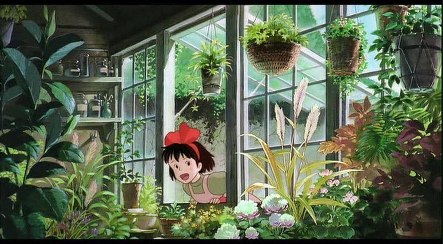 Kiki's Delivery Service: Kiki Peeking Through a Lush Greenhouse Window HD wallpaper