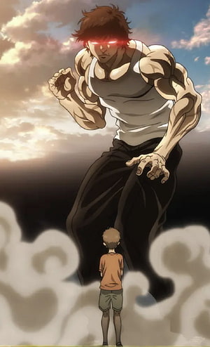 Baki Hanma Anime Character With Glowing Red Eyes Towering Over a Young Boy in Dramatic Clouds HD phone wallpaper