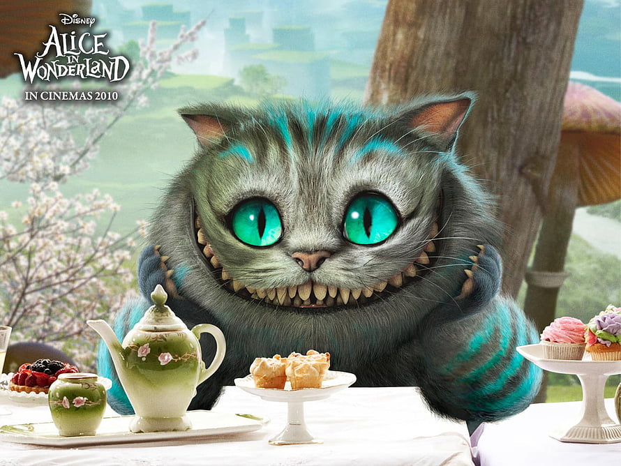 The Cheshire Cat at a whimsical tea party in the enchanted world of Alice in Wonderland HD wallpaper