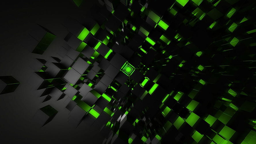 Abstract 3D Green Cube Tunnel With Dark Geometric Perspective HD wallpaper