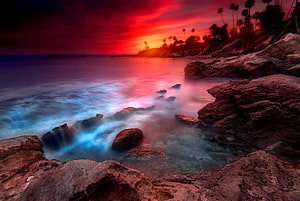 Fiery Sunset Over Laguna Beach Rocks With Long Exposure Ocean Waves And Palm Trees HD wallpaper