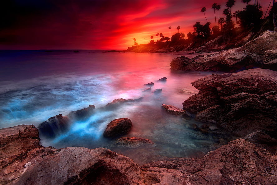 Fiery Sunset Over Laguna Beach Rocks With Long Exposure Ocean Waves And Palm Trees HD wallpaper