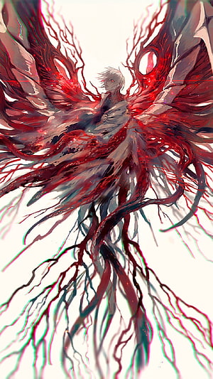 Kaneki Ken Tokyo Ghoul Digital Art with Crimson Wings and Glitch Effect HD phone wallpaper
