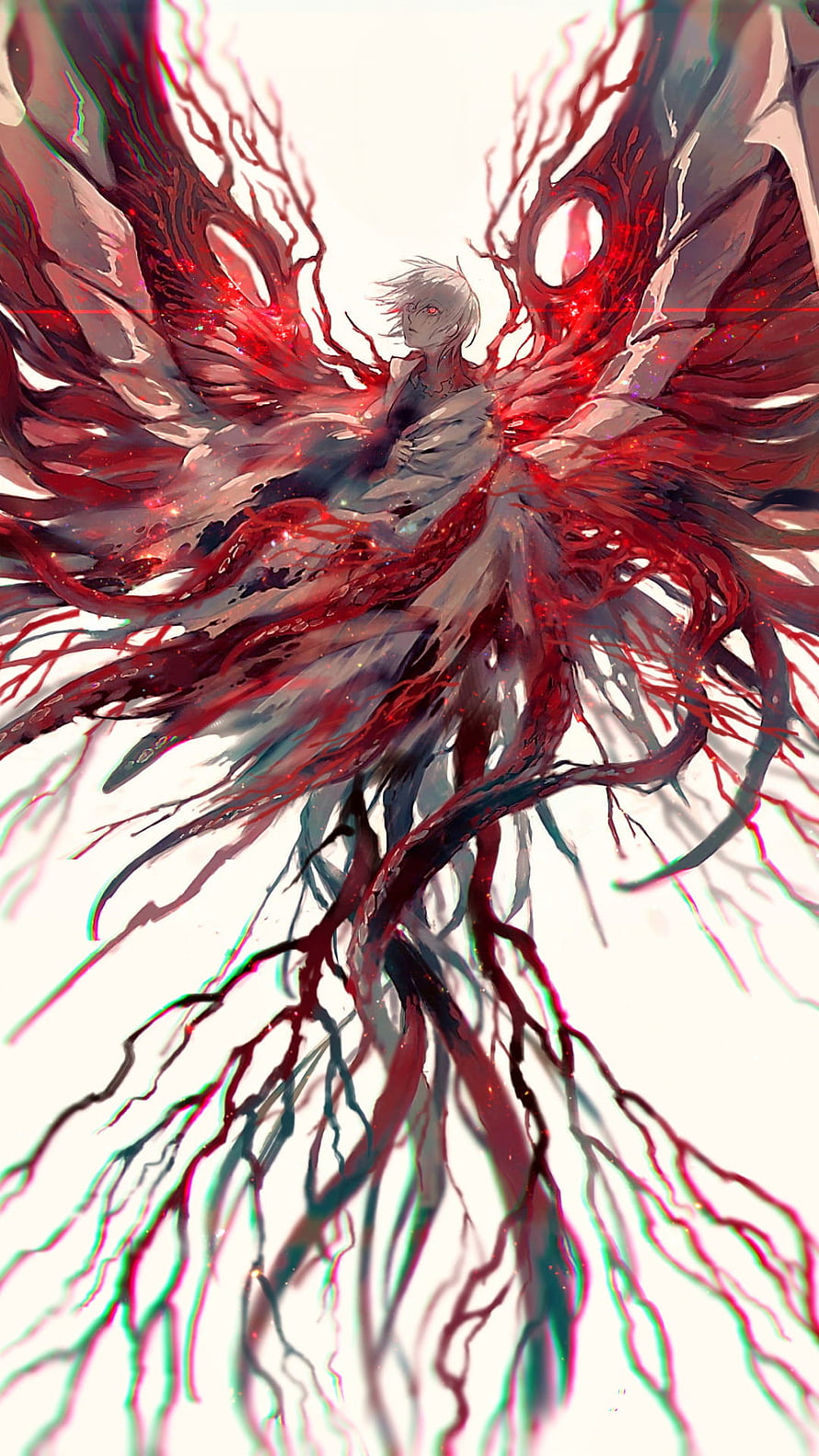 Kaneki Ken Tokyo Ghoul Digital Art with Crimson Wings and Glitch Effect HD phone wallpaper