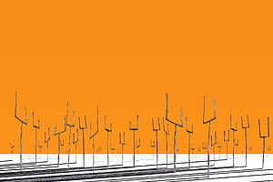 Minimalist Abstract Line Art of Geometric Structures Against a Vibrant Orange Sky HD wallpaper