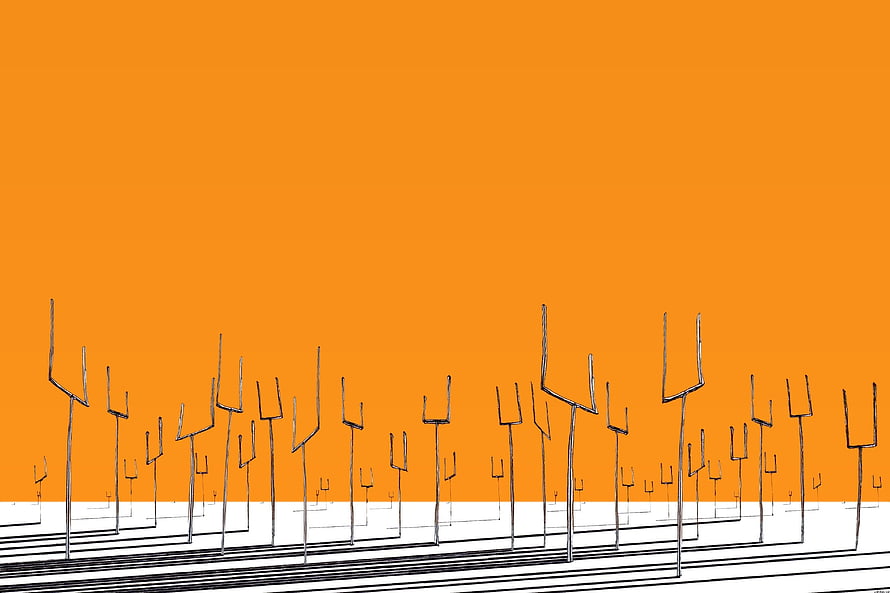 Minimalist Abstract Line Art of Geometric Structures Against a Vibrant Orange Sky HD wallpaper