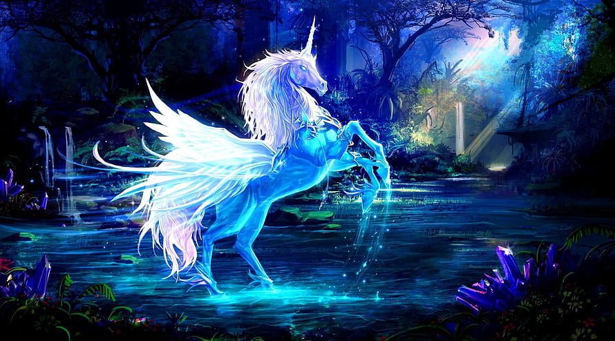 Luminous Winged Unicorn Reared in a Mystical Nighttime Forest HD wallpaper