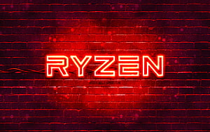 AMD Ryzen Neon Sign Glowing on Dark Red Brick Wall HD wallpaper