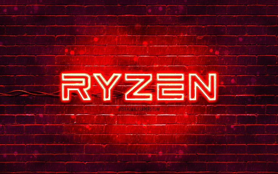AMD Ryzen Neon Sign Glowing on Dark Red Brick Wall HD wallpaper