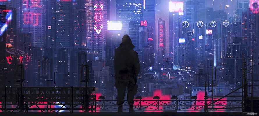 Cyberpunk Soldier Silhouette Overlooking Neon Dystopian Cityscape at Night HD wallpaper