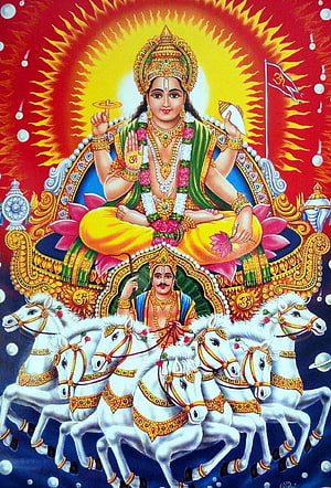 Surya Dev Hindu Sun God Artwork on Seven White Horses with Radiant Solar Halo HD phone wallpaper
