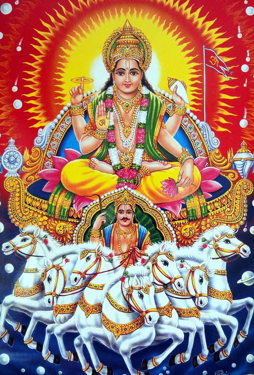 Surya Dev Hindu Sun God Artwork on Seven White Horses with Radiant Solar Halo HD phone wallpaper