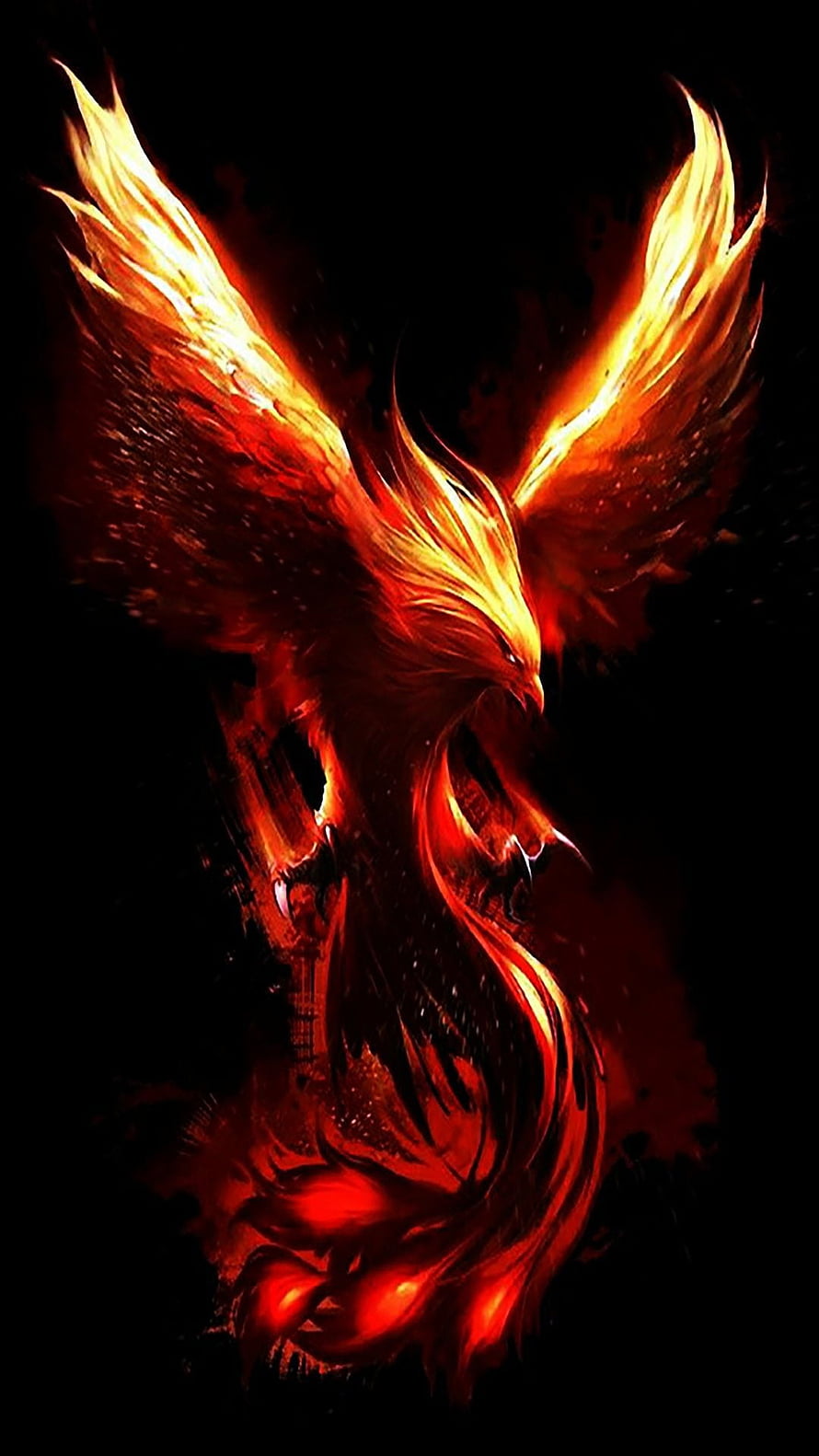 Majestic Phoenix Bird Rising in Flames Against Dark Background HD phone wallpaper