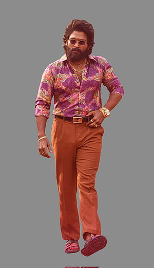 Pushpa Raj in vibrant floral shirt and rust trousers with gold accessories HD phone wallpaper