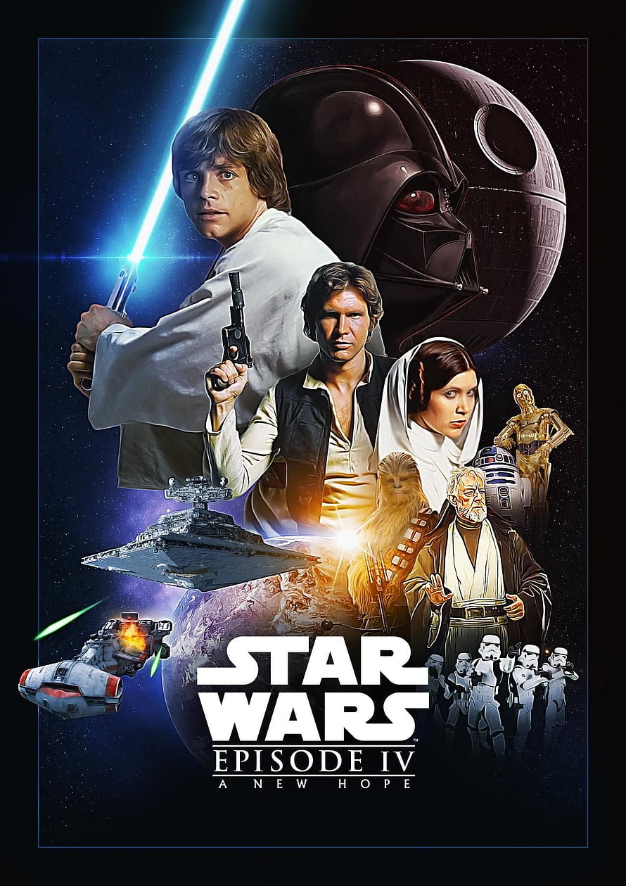 Star Wars Episode IV A New Hope Classic Movie Poster with Luke, Han, Leia, and Darth Vader HD phone wallpaper