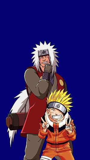 Naruto and Jiraiya anime duo posing together on a solid blue background HD phone wallpaper
