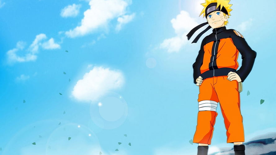 Naruto Uzumaki in Orange Jumpsuit Standing Under a Bright Blue Sky with Clouds HD wallpaper
