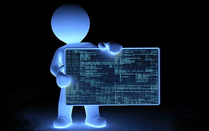 Glowing 3D Figure Holding Digital Data Screen on Black Background HD wallpaper