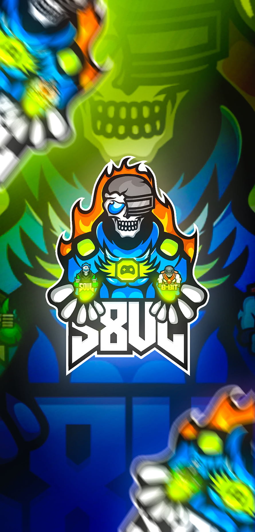 S8UL Esports Team Logo with Fiery Skull Mascot and Neon Blue Green Palette HD phone wallpaper