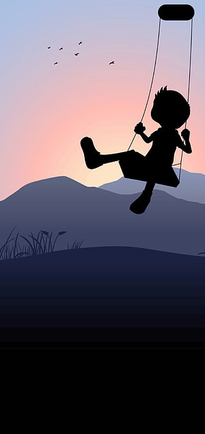 Silhouette of a child swinging at sunset with mountains and birds in the distance HD phone wallpaper
