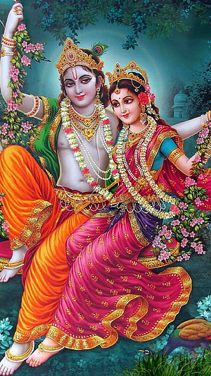 Radha Krishna Divine Couple in Traditional Indian Attire with Floral Garlands HD phone wallpaper