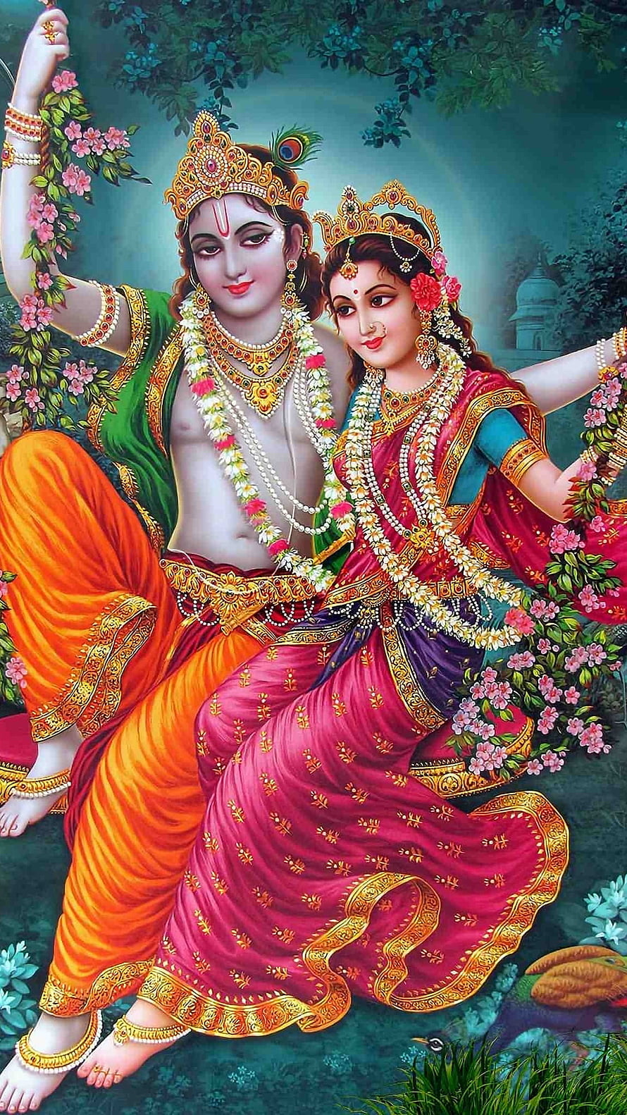 Radha Krishna Divine Couple in Traditional Indian Attire with Floral Garlands HD phone wallpaper