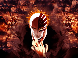 Ichigo Kurosaki Vizard Hollow Mask in Bleach Anime with Fiery Clouds HD wallpaper