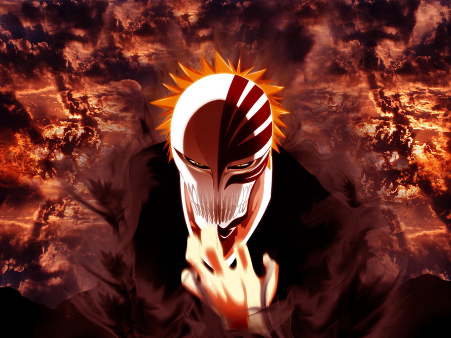 Ichigo Kurosaki Vizard Hollow Mask in Bleach Anime with Fiery Clouds HD wallpaper