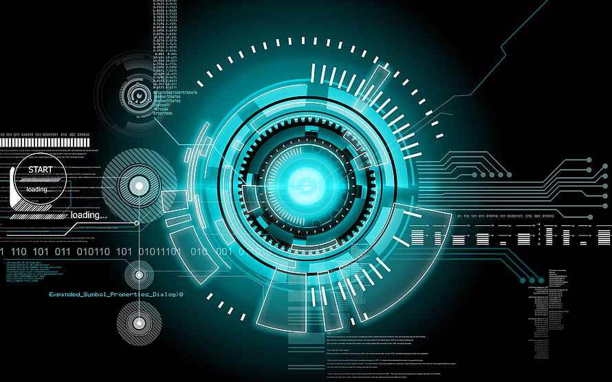 Futuristic Cyan Holographic HUD Interface with Circuit Board Elements and Digital Data Streams HD wallpaper