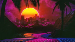 Neon Outrun Highway Leading to Retro City Under Giant Sunset HD wallpaper