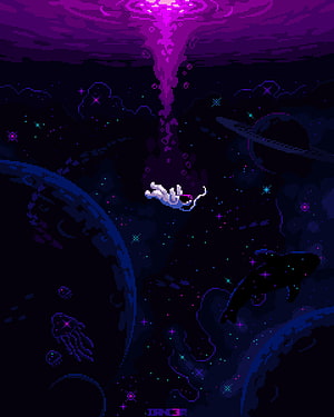 Pixel Art Astronaut Floating in Deep Space with Purple Nebula and Planets HD phone wallpaper