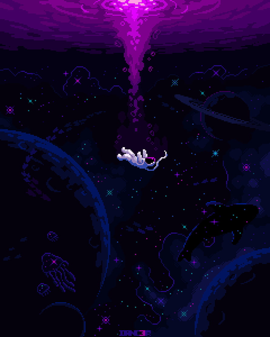 Pixel Art Astronaut Floating in Deep Space with Purple Nebula and Planets HD phone wallpaper