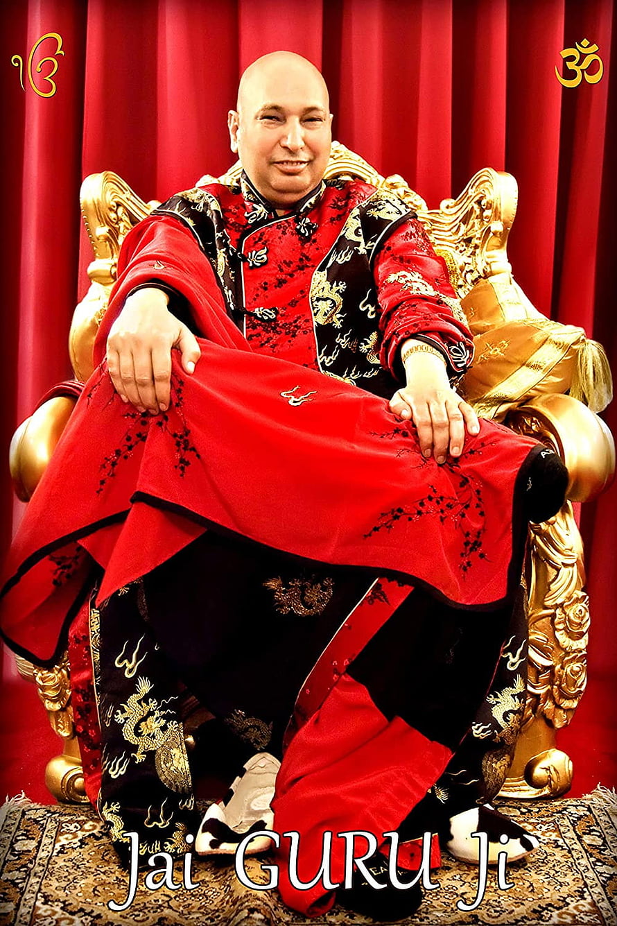 Jai Guru Ji Portrait of a Spiritual Leader in Red and Gold Attire Seated on an Ornate Throne HD phone wallpaper