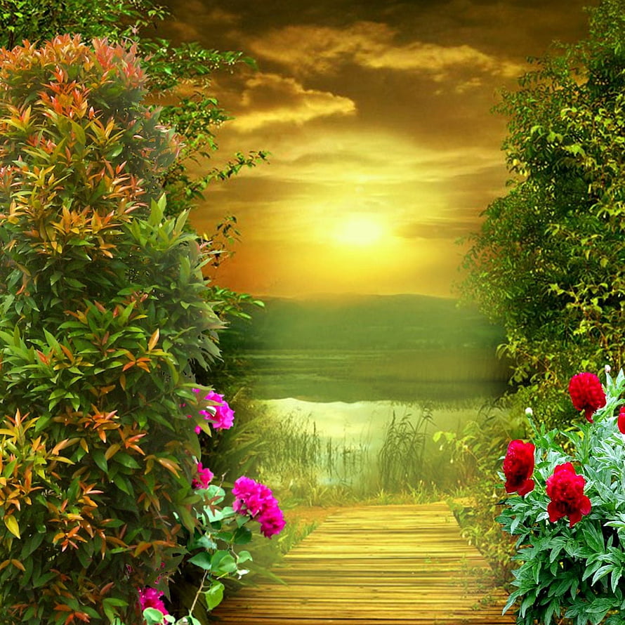 Serene Garden Path at Golden Hour with Vibrant Flowers and Lake View HD phone wallpaper