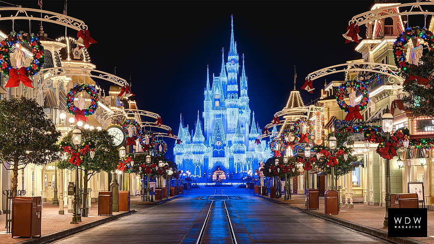 Cinderella Castle Christmas Night at Walt Disney World with Holiday Wreaths and Lights HD wallpaper