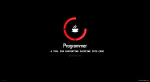 Minimalist Programmer Logo with Red Coffee Cup Icon on Black Background HD wallpaper