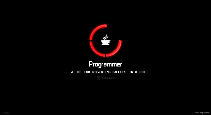 Minimalist Programmer Logo with Red Coffee Cup Icon on Black Background HD wallpaper