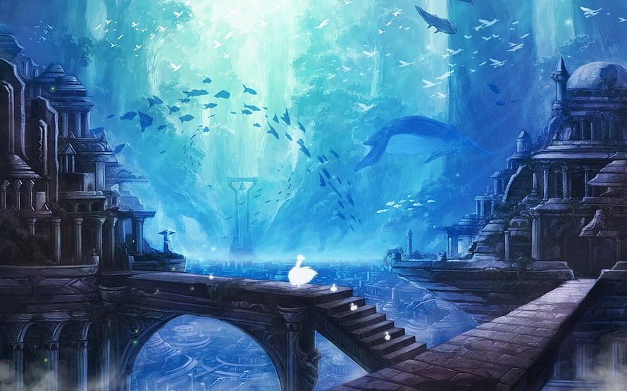 Mystical Underwater Fantasy City with Ancient Ruins and Glowing Swan HD wallpaper