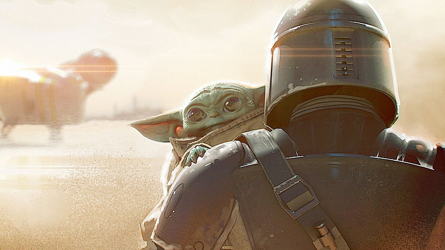 The Mandalorian and Grogu in a Dusty Desert Scene with a Speeder Bike in the Background HD wallpaper