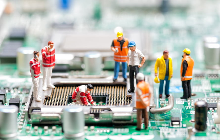 Miniature Workers Repairing a Computer Motherboard Circuit Board HD wallpaper