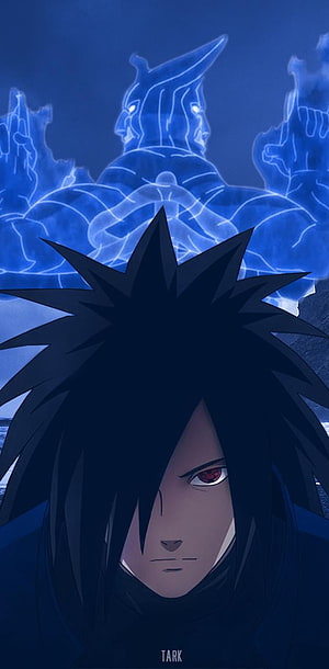 Madara Uchiha with glowing blue Susanoo spirit behind him in dark anime style HD phone wallpaper