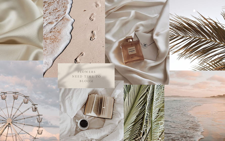 Beige Aesthetic Collage Featuring Beach, Silk, and Vintage Elements HD wallpaper