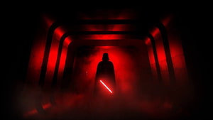 Darth Vader Silhouette with Red Lightsaber in Dark Industrial Corridor HD wallpaper